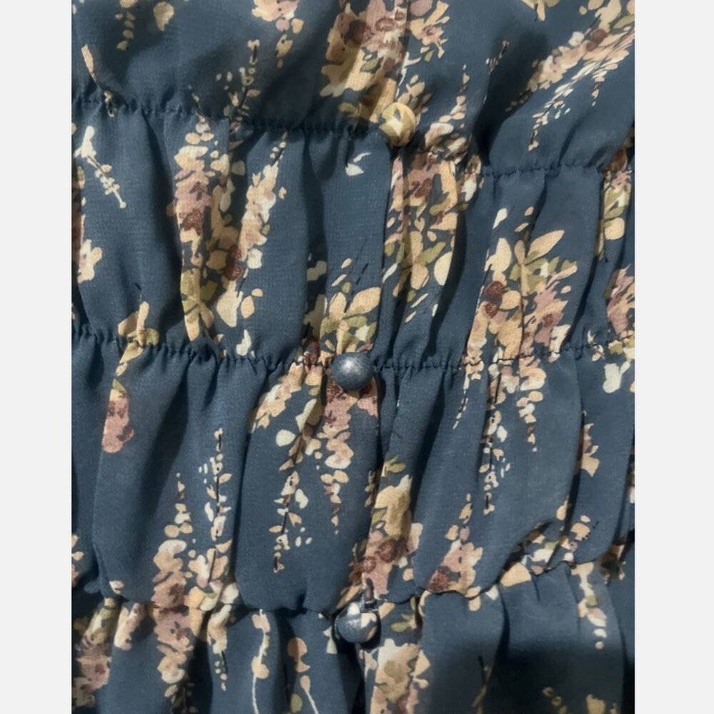 SHEIN L Blue Floral Sheer Short Sleeve Button Detail V-Neck Blouse Shirt Top - Picture 4 of 11